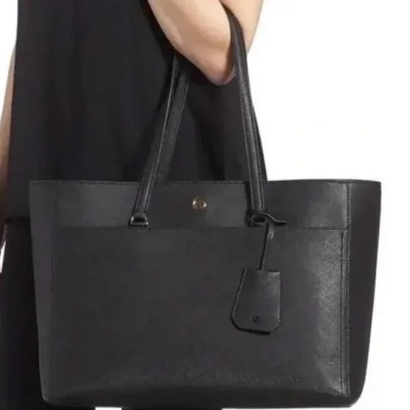Tory Burch Tote Bag York Gold Buckle Saffiano Leather Large Purse Black/Gold